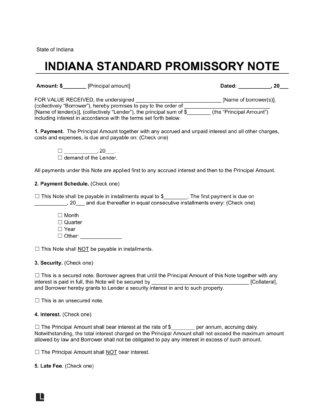 Indiana Standard Promissory Note Template