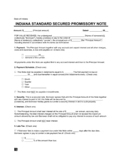 Indiana Standard Secured Promissory Note Template