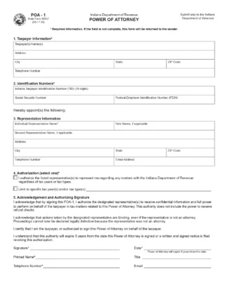 Indiana Tax Power of Attorney Form POA-1