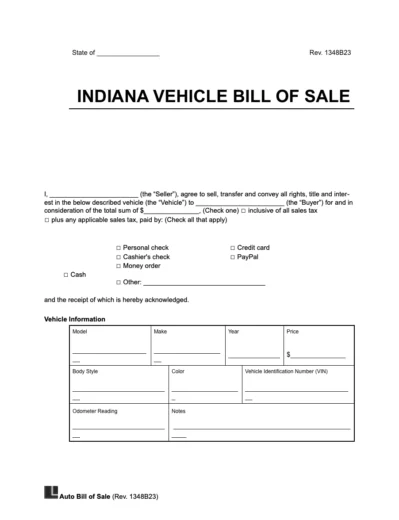 Indiana vehicle bill of sale
