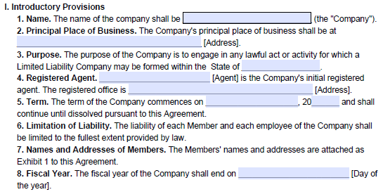 An example of where to find introductory provisions in an LLC operating agreement