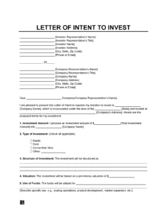 Investment Letter of Intent Template