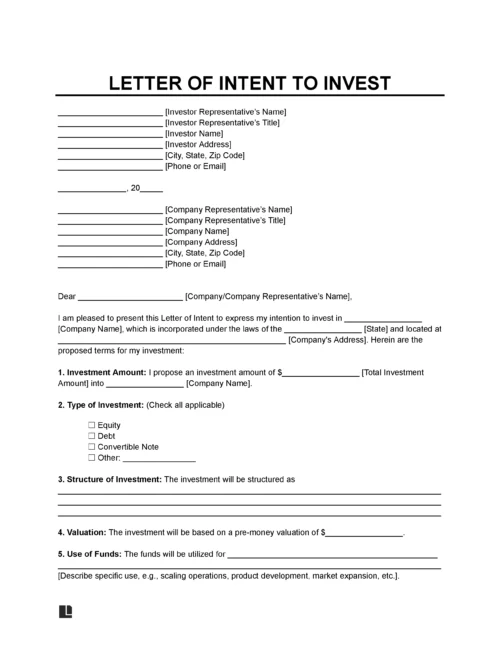Investment Letter of Intent Template