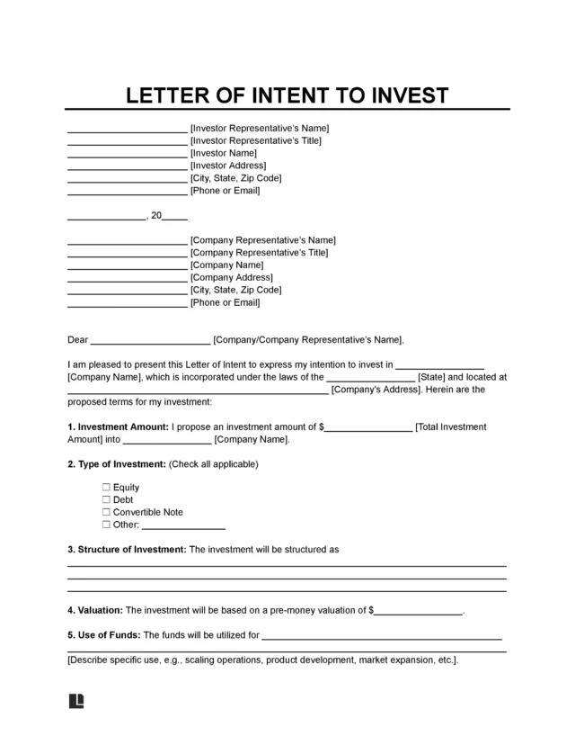 Investment Letter of Intent Template