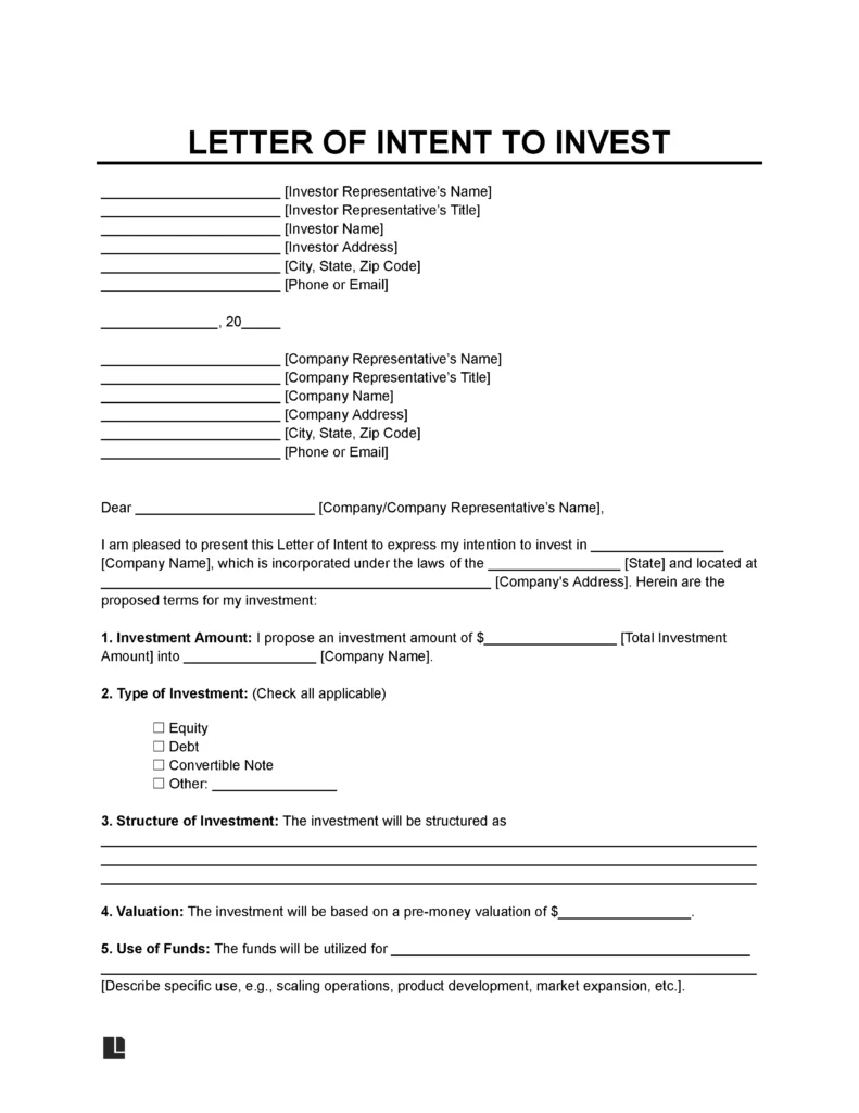 Investment Letter of Intent Template