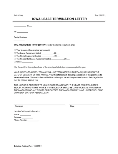 Iowa Lease Termination Letter (30-Day Notice)
