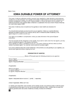 Iowa Durable Statutory Power of Attorney Template