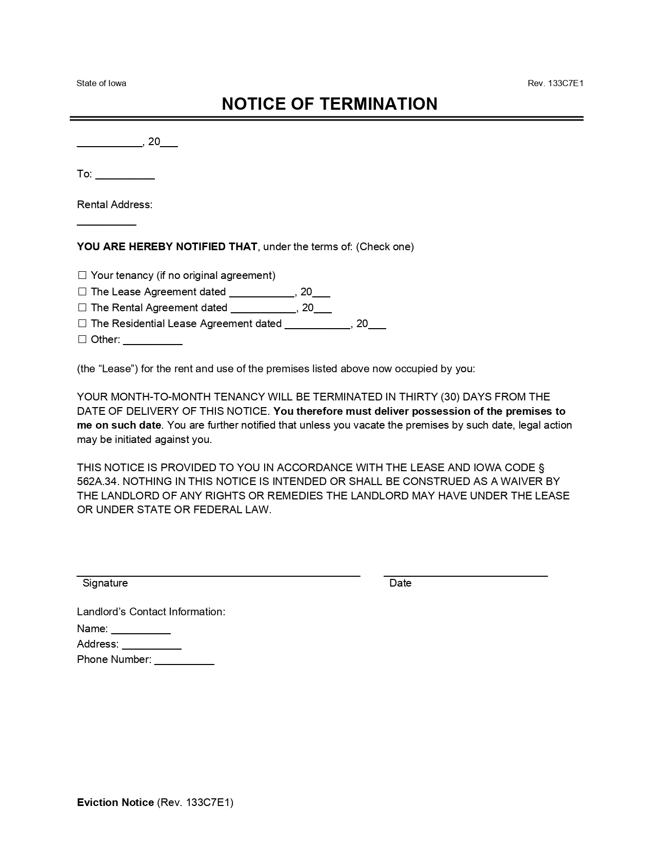Iowa Lease Termination Letter (30-Day Notice)