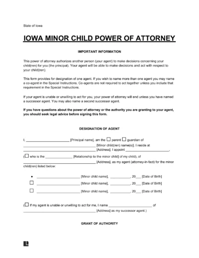 Iowa Minor Child Power of Attorney Form