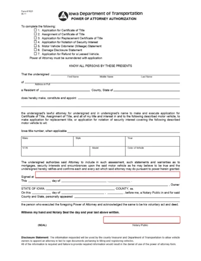 Iowa Motor Vehicle Power of Attorney Form 411021