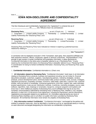 Iowa Non-Disclosure and Confidentiality Agreement Template