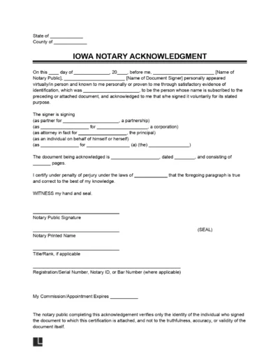Iowa Notary Acknowledgement Form
