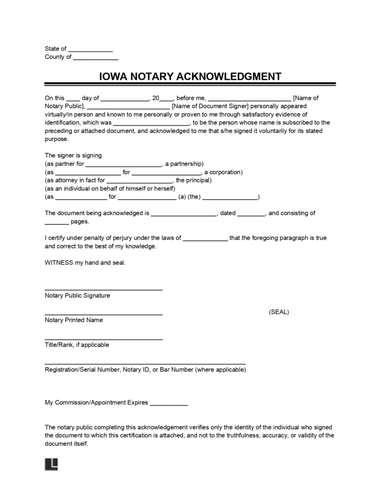 Free Iowa Notary Acknowledgment Form PDF & Word