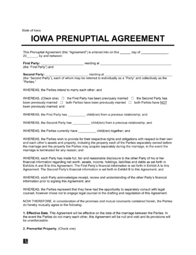Iowa Prenuptial Agreement Template