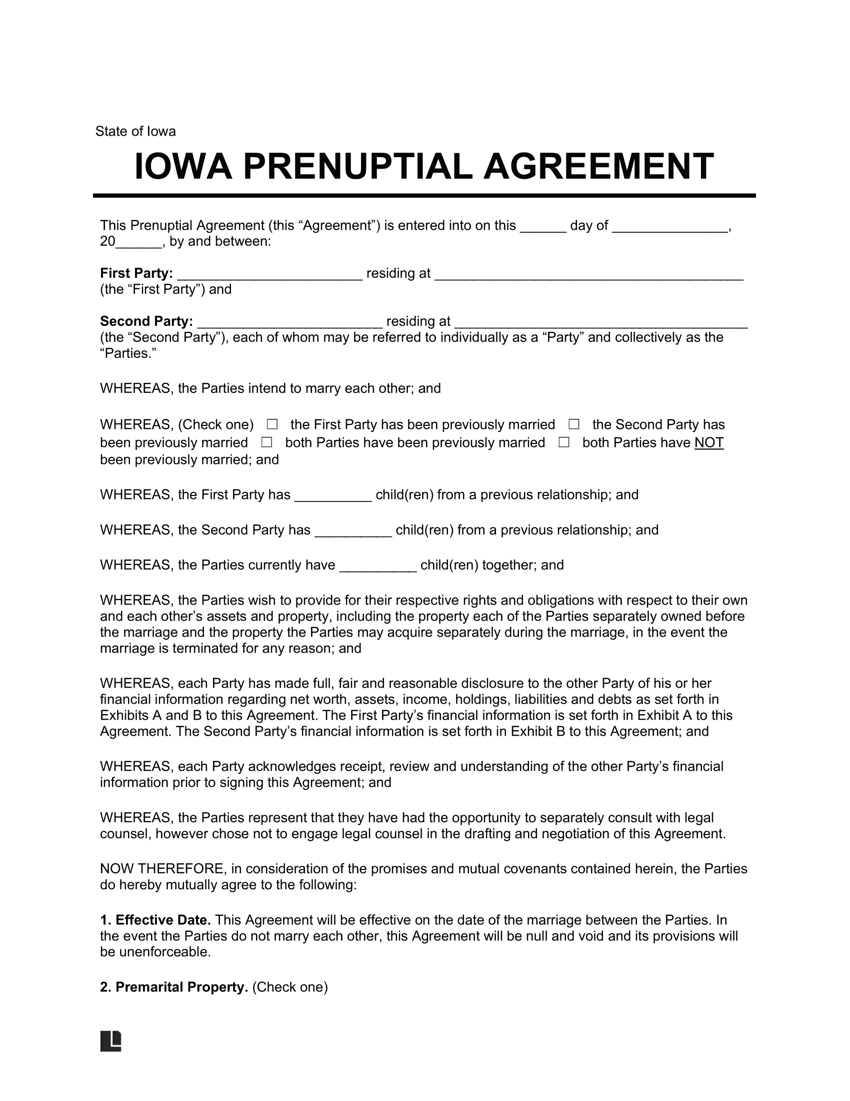Iowa Prenuptial Agreement Template
