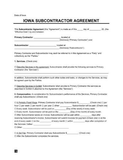 Iowa Subcontractor Agreement Sample