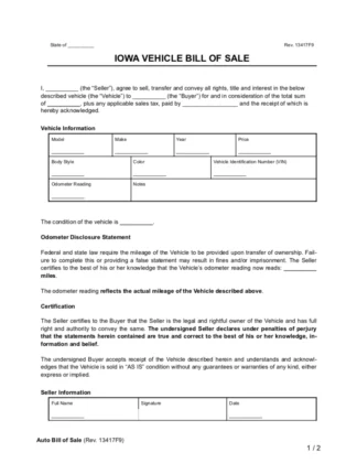 Iowa Vehicle Bill of Sale