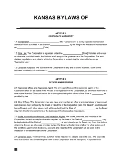 Kansas Corporate Bylaws Template