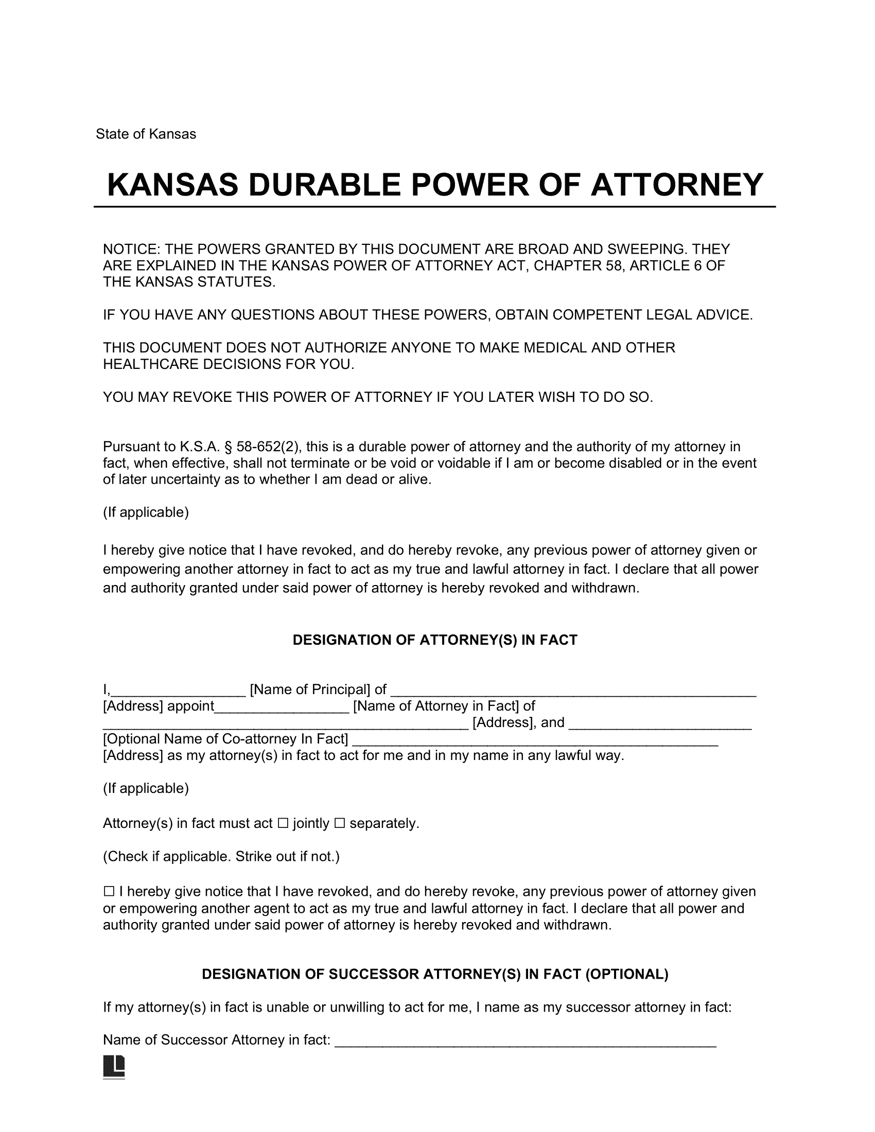 Kansas Durable Power of Attorney Template