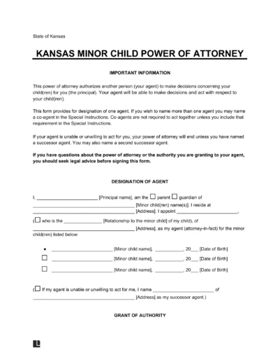 Kansas Minor Child Power of Attorney Form