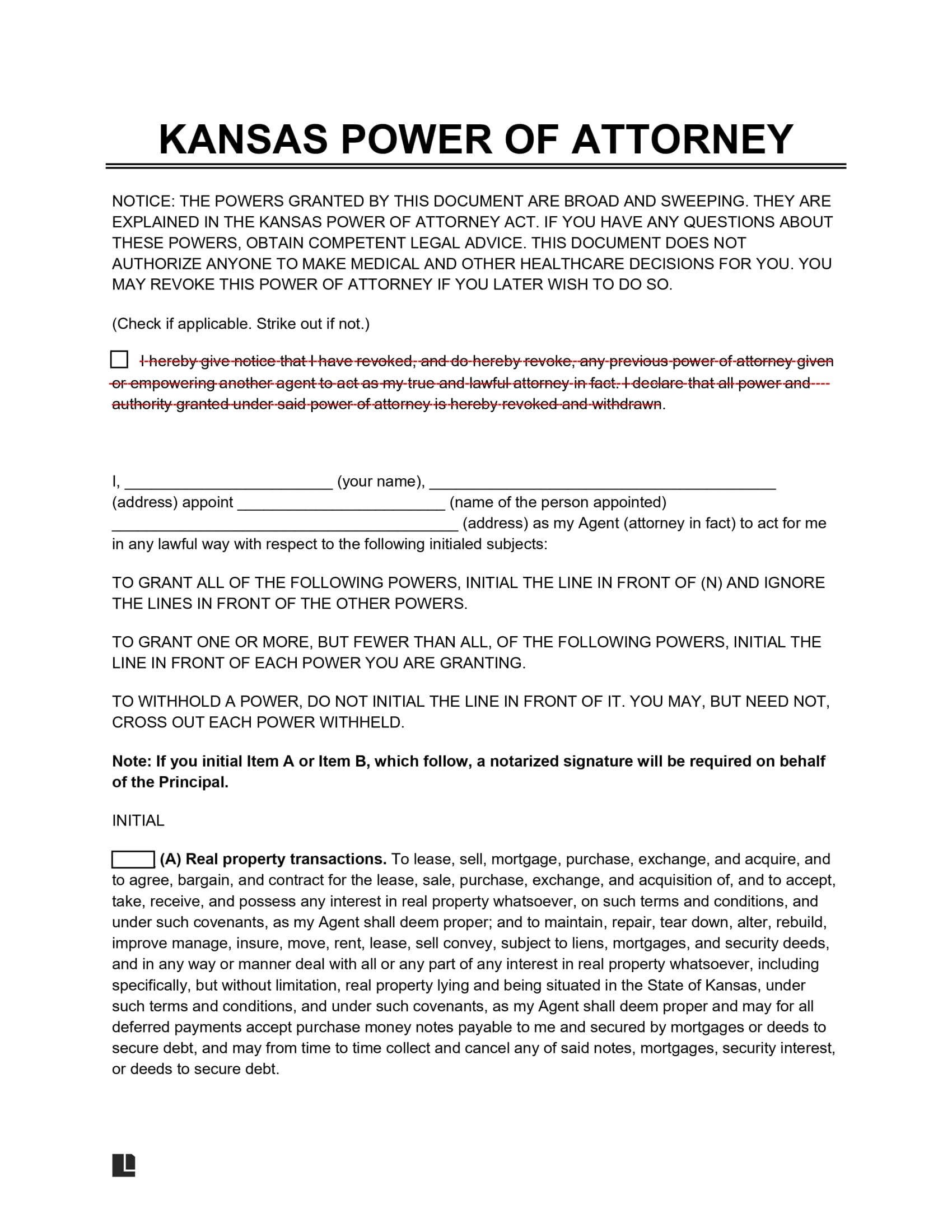 Kansas Power of Attorney Form