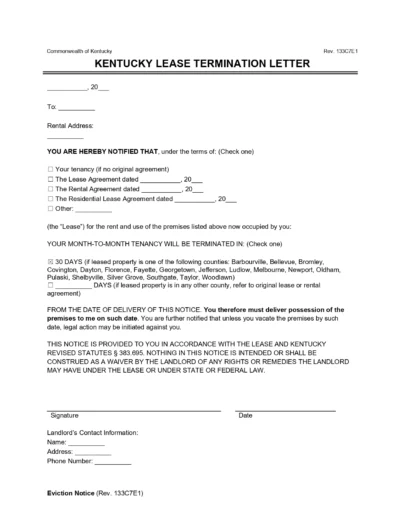 Kentucky 30 Day Notice to Quit Lease Termination