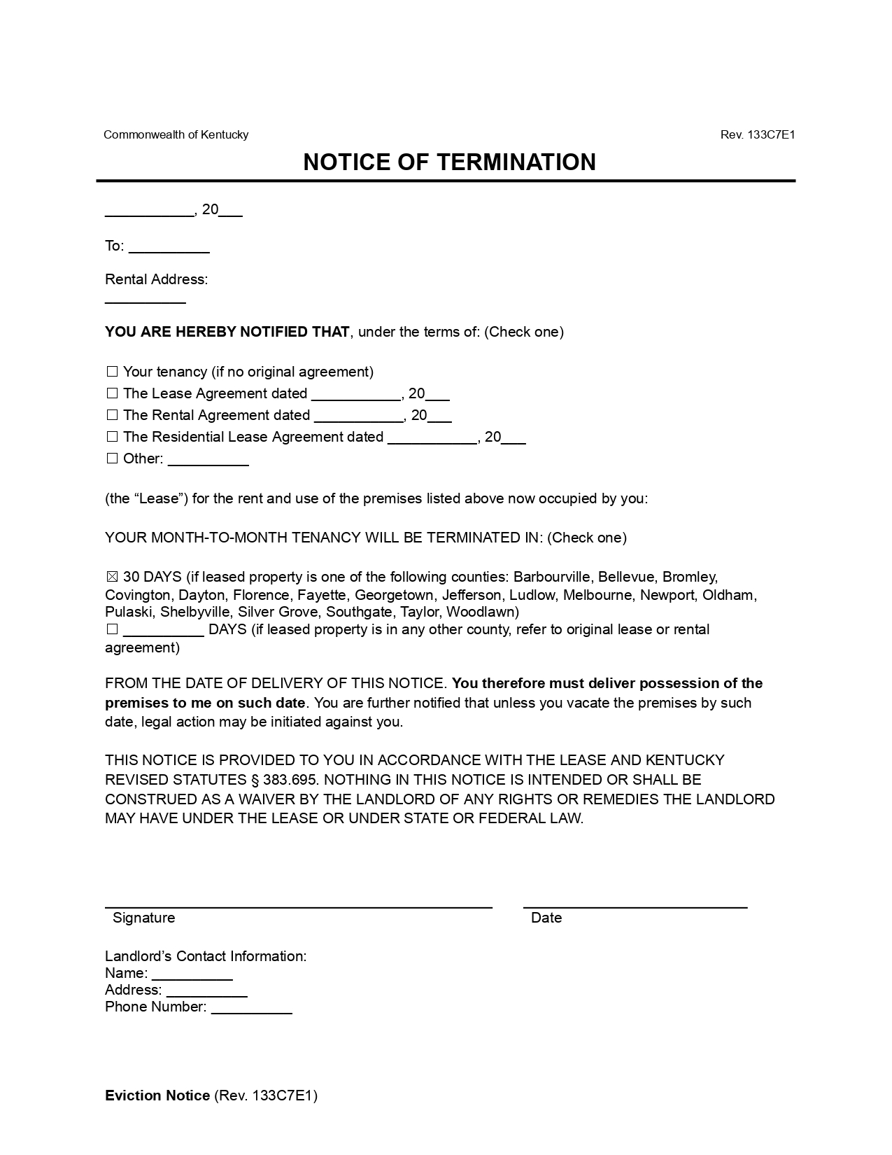 Kentucky 30 Day Notice to Quit Lease Termination