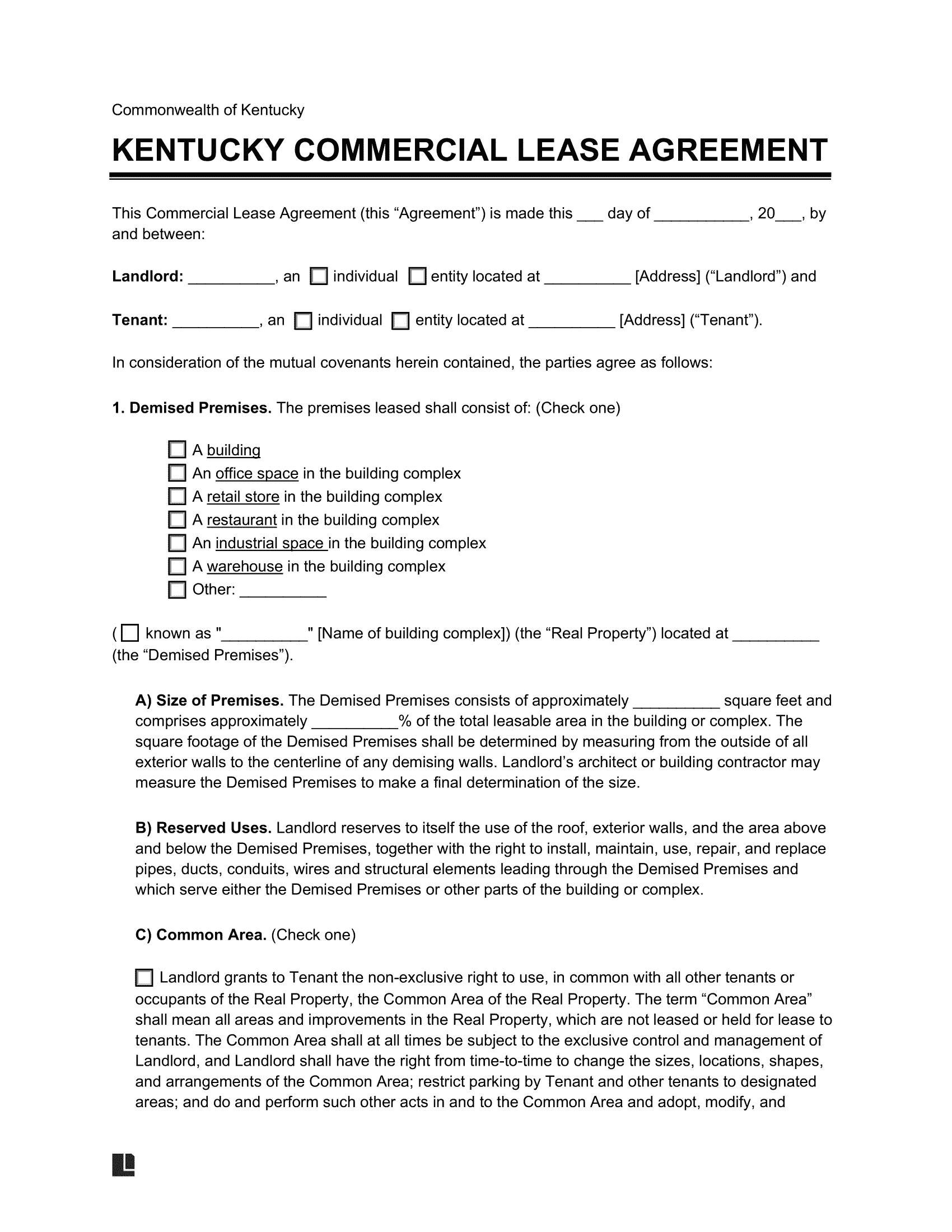 Kentucky Commercial Lease Agreement