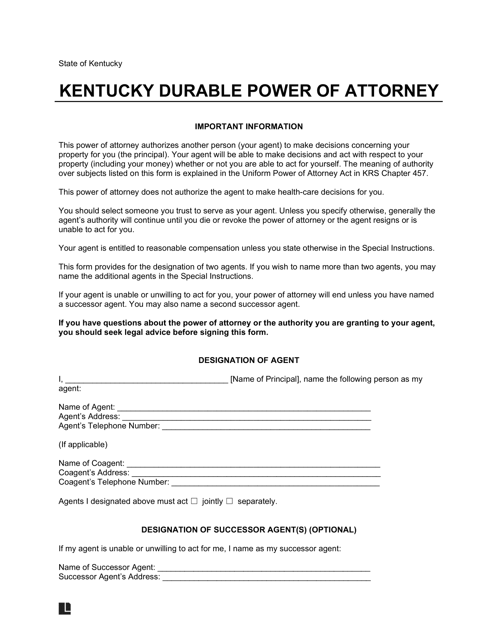 Kentucky Durable Statutory Power of Attorney Template