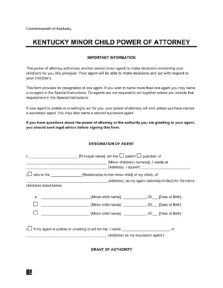 Kentucky Minor Child Power of Attorney Form