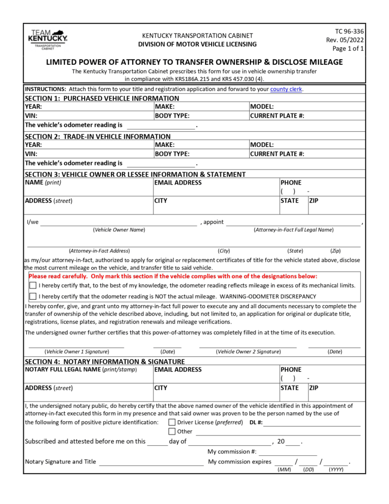 Free Kentucky Motor Vehicle Power of Attorney Form | Form TC96-336 ...