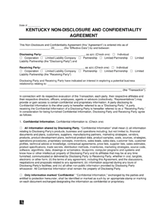 Kentucky Non-Disclosure and Confidentiality Agreement Template