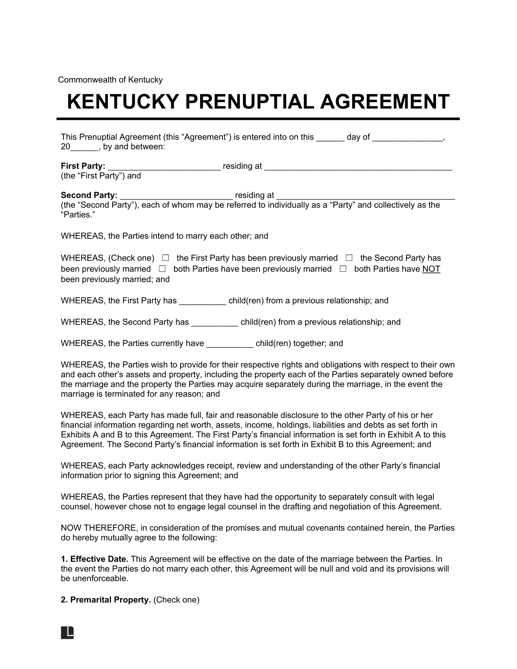 Kentucky Prenuptial Agreement Template