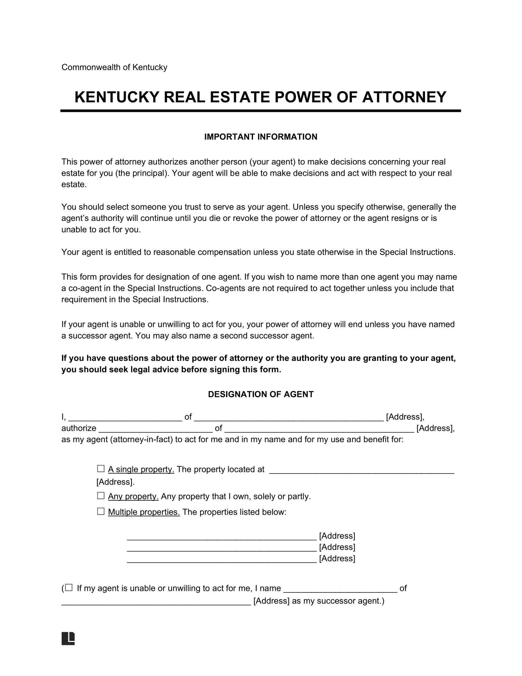 Kentucky Real Estate Power of Attorney Form
