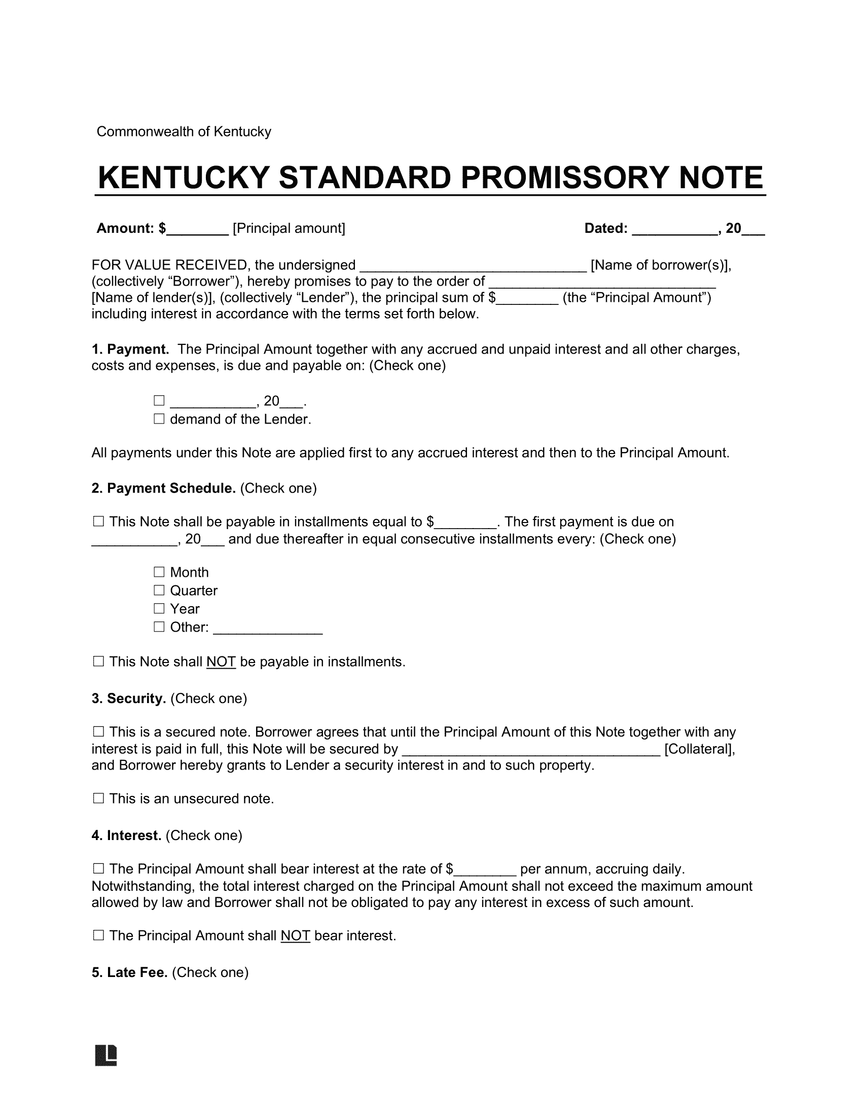 Kentucky Standard Promissory Note Template