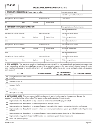 Free Kentucky Tax Power of Attorney Form 20A100- PDF