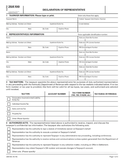 Kentucky Tax Power of Attorney Form 20A100