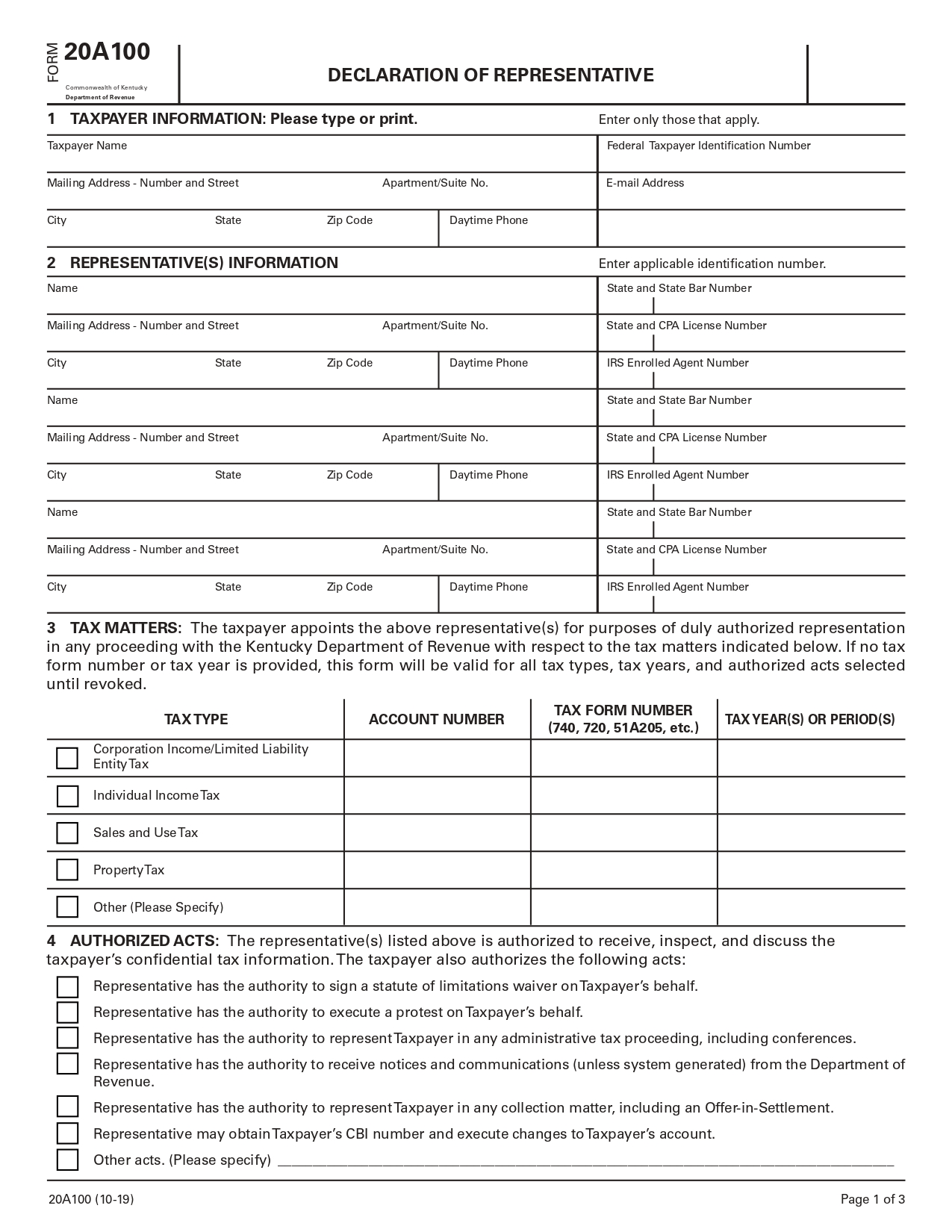 Kentucky Tax Power of Attorney Form 20A100