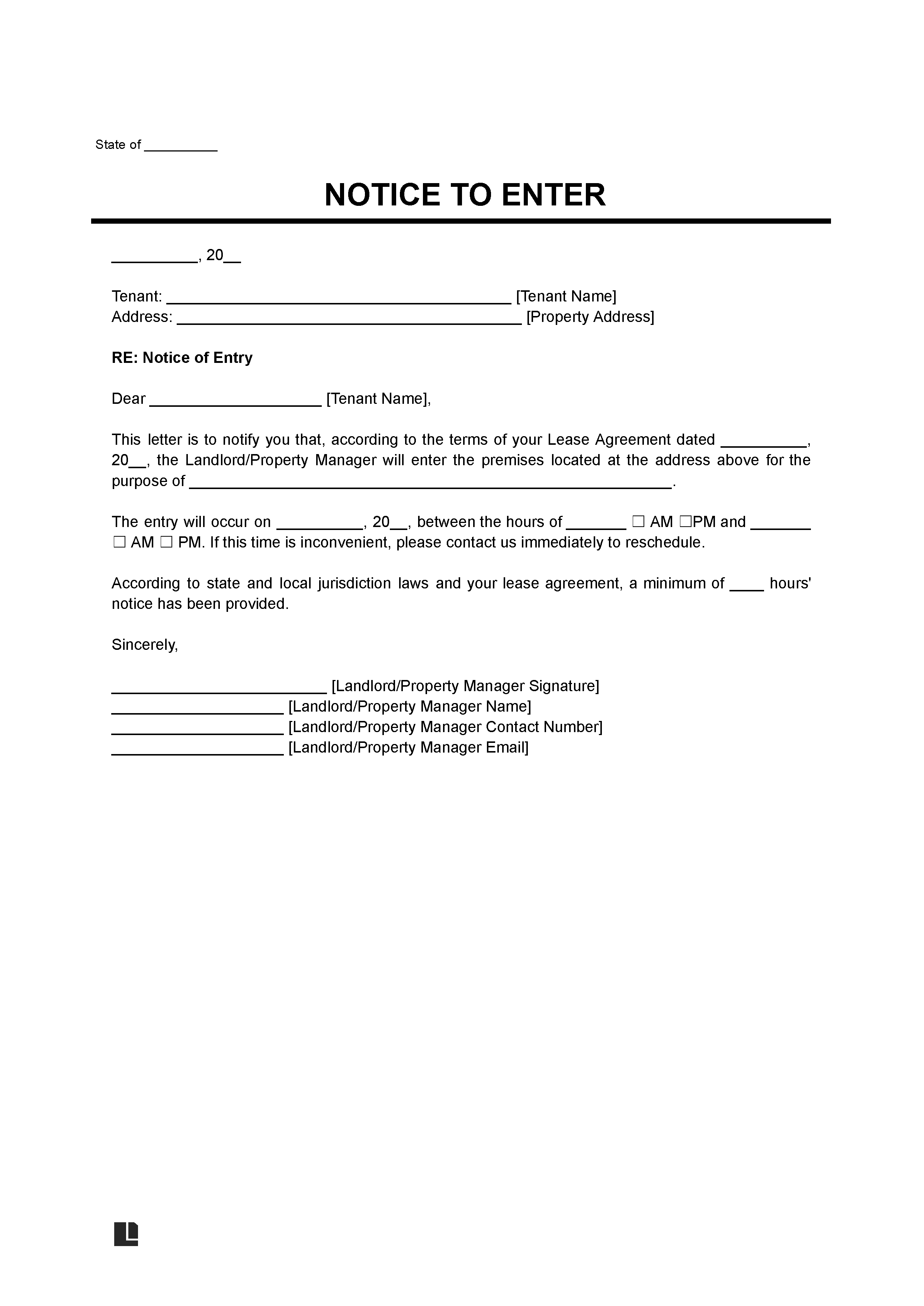 Landlord's Notice to Enter Template