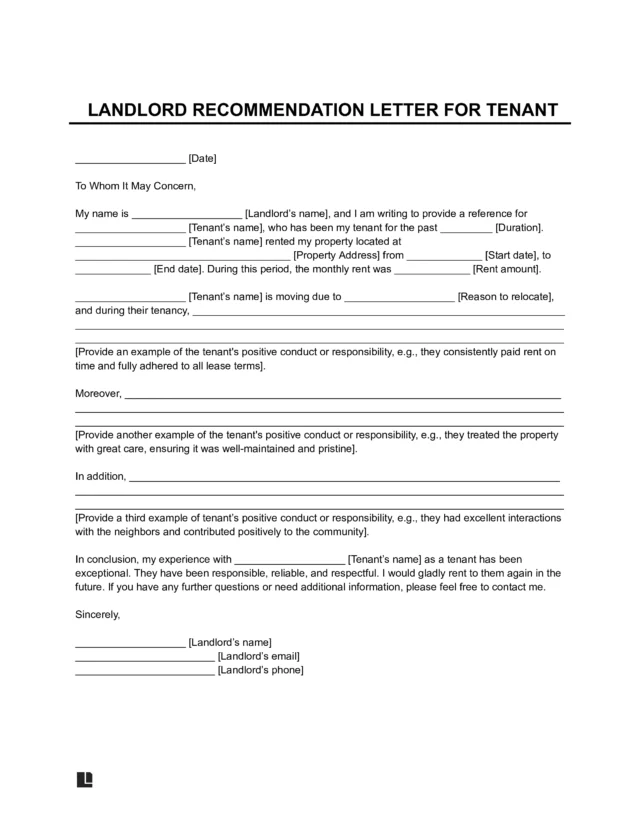 Landlord Recommendation Letter for Tenant