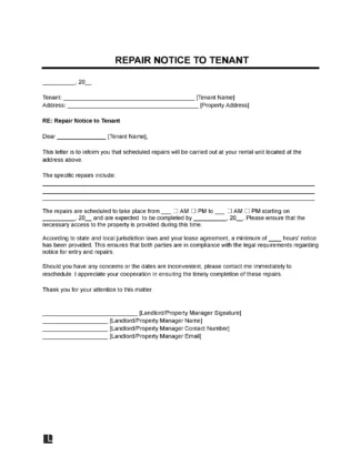 Landlord Repair Notice to Tenant Template