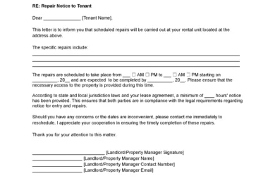 Landlord Repair Notice to Tenant Template