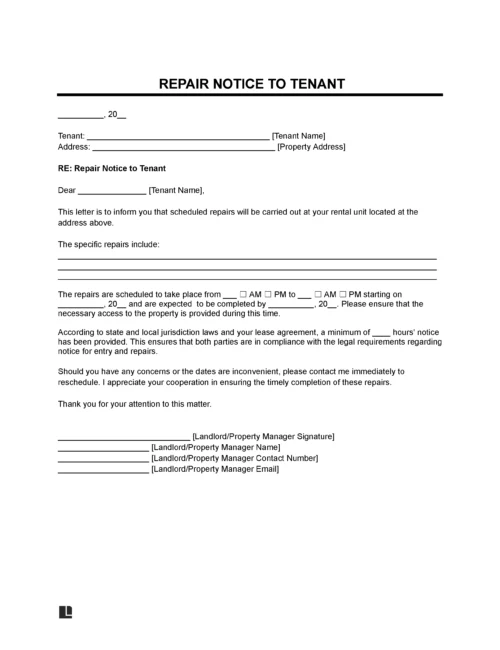 Landlord Repair Notice to Tenant Template