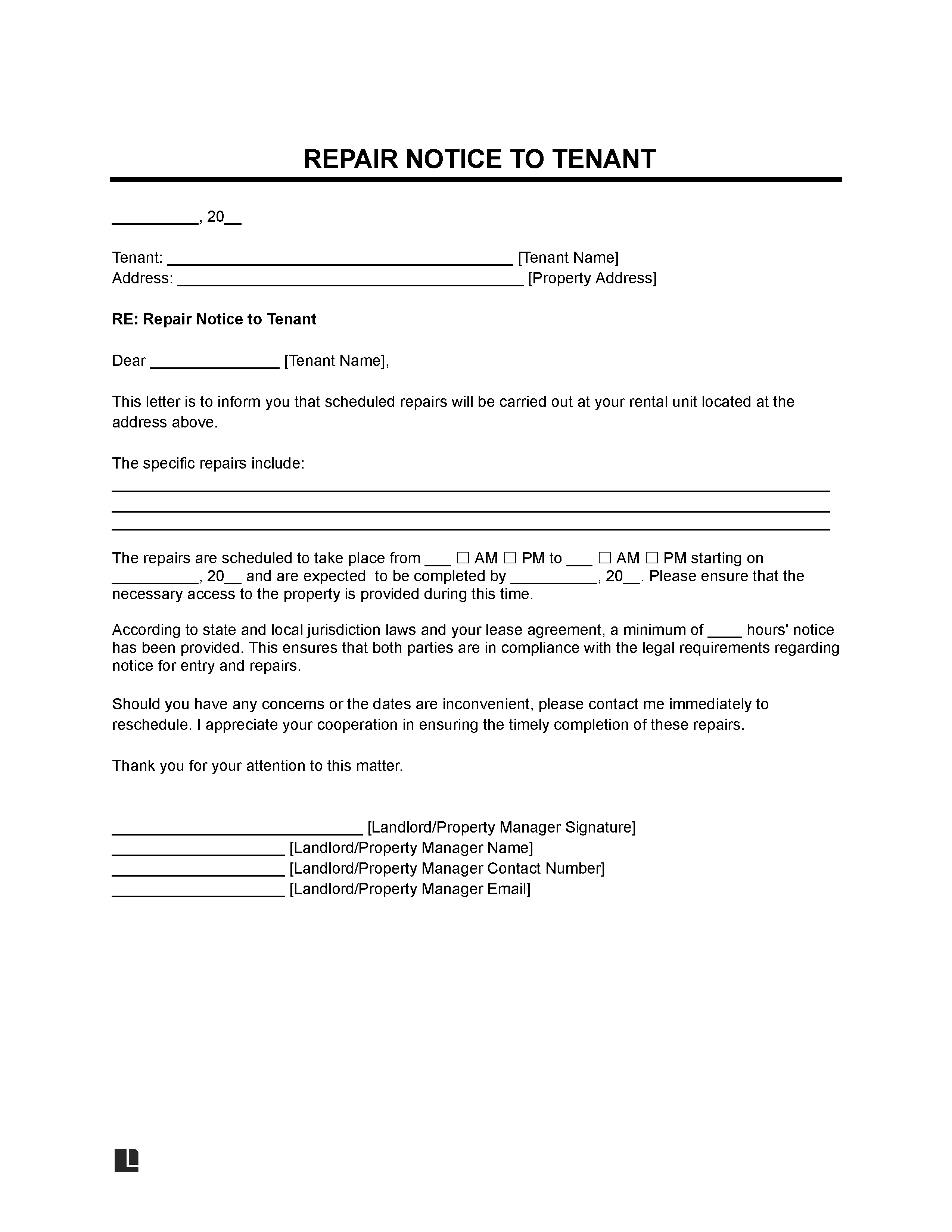 Landlord Repair Notice to Tenant Template