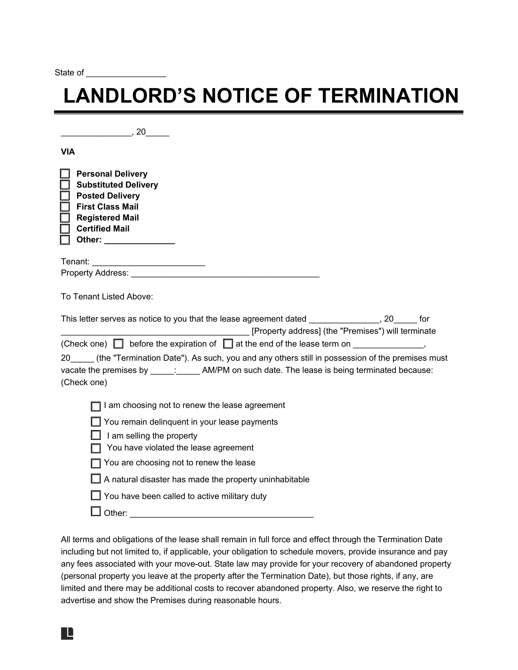 Landlords Notice of Termination Letter Sample