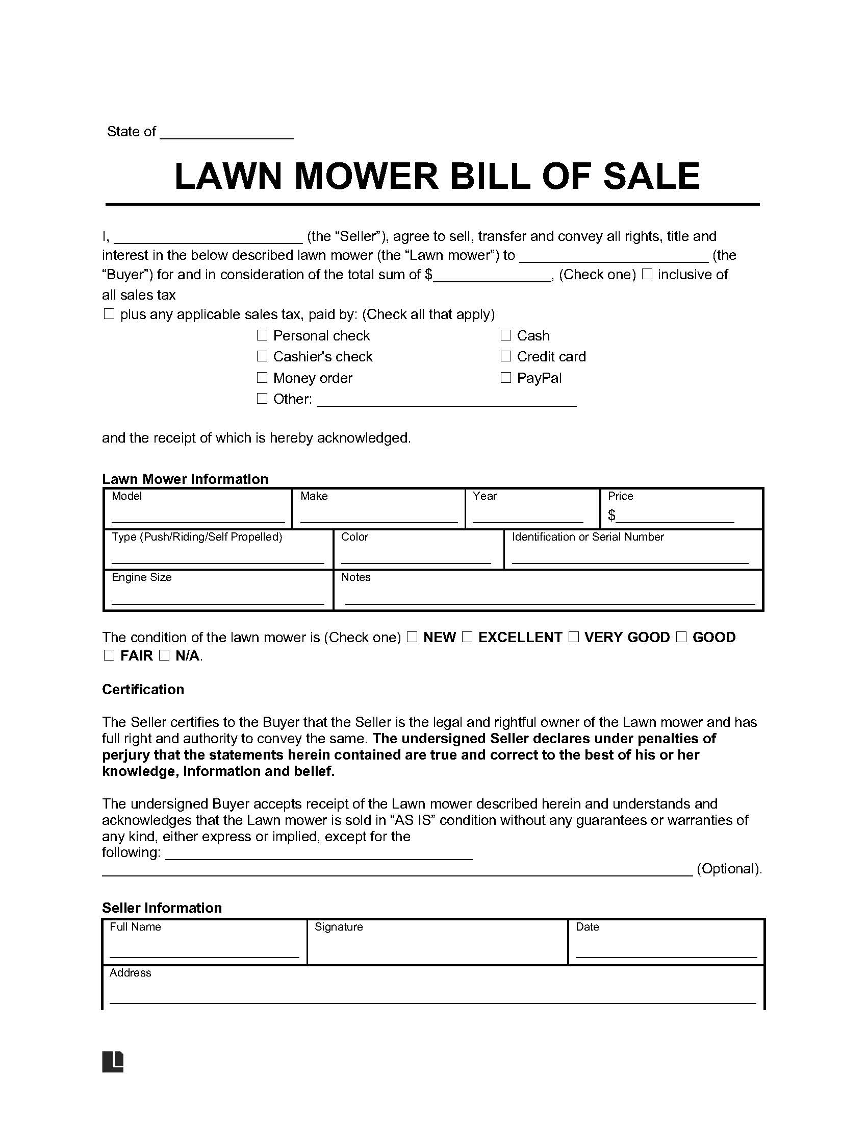 lawnmower bill of sale form