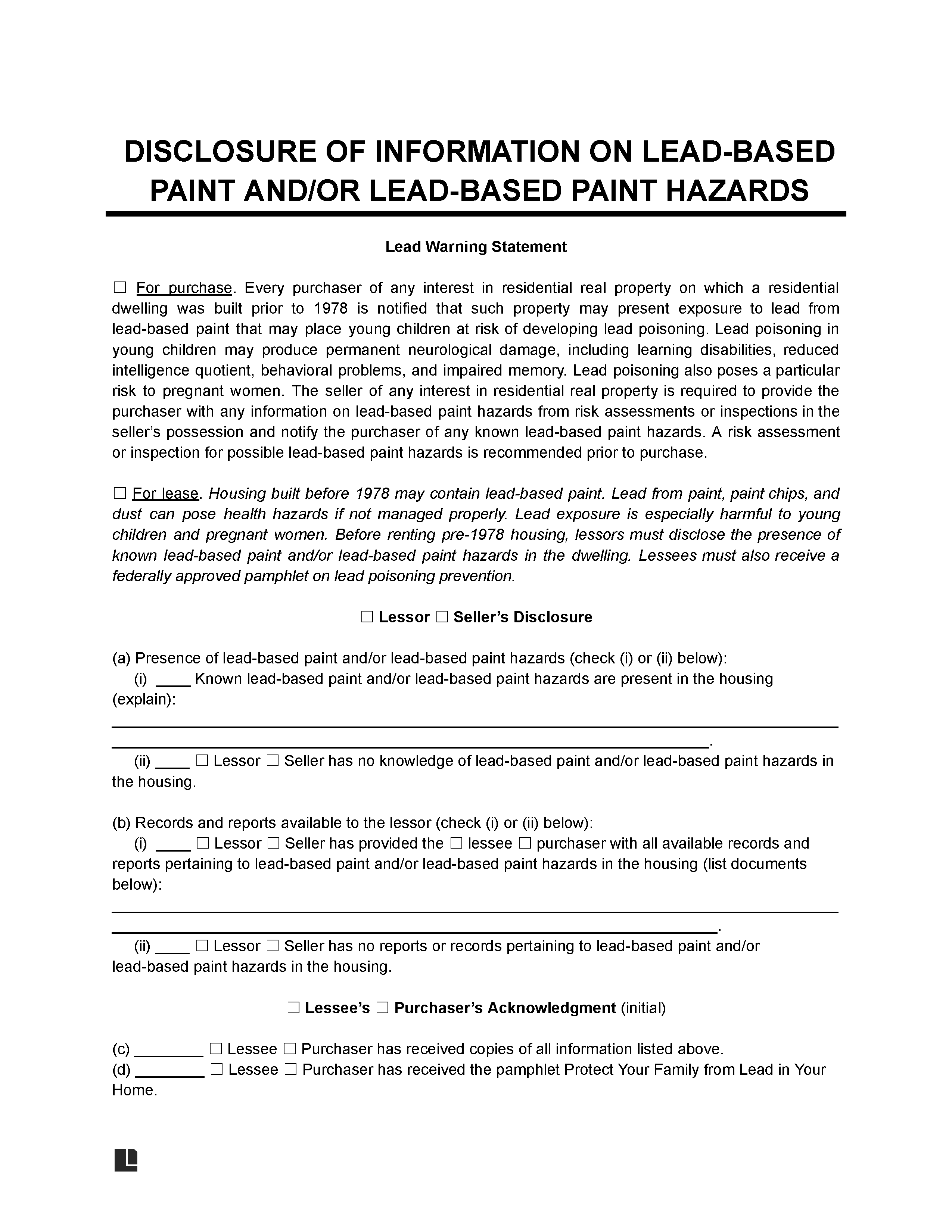 lead-based paint disclosure template