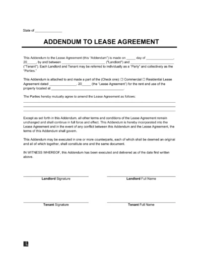 Sample of a Lease Agreement Addendum Template used to adjust lease terms