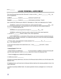 Lease Renewal Agreement template form with blank fields for landlord and tenant information, property address, lease extension term, rent details, security deposit options, and additional provisions.