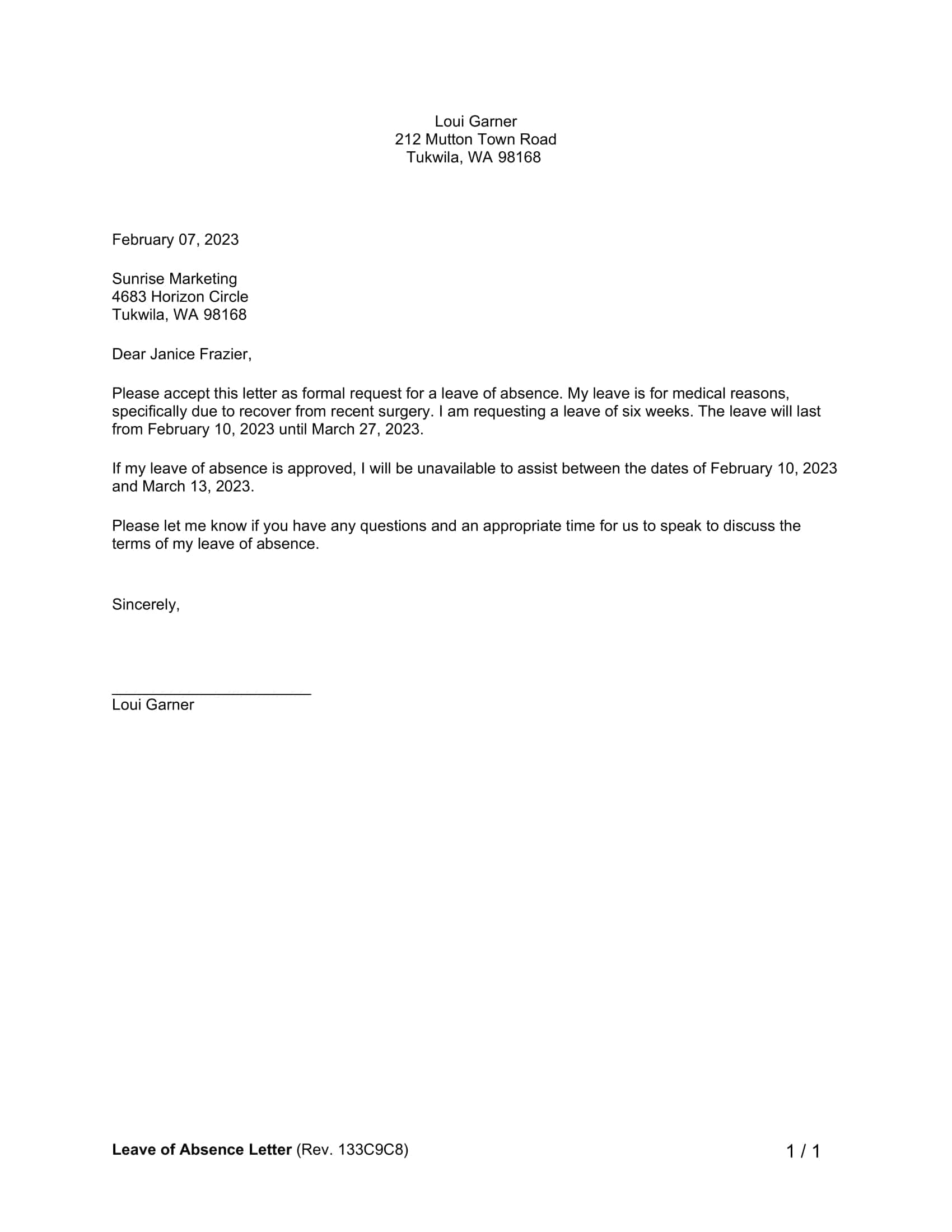 Leave of absence letter example